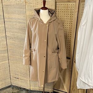 Via Spiga Taupe Hooded Trench Coat with Leopard Lining